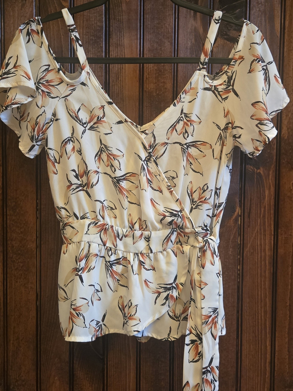 Sienna Sky Cream Wrap Blouse with Orange & Black Floral Print Size - S